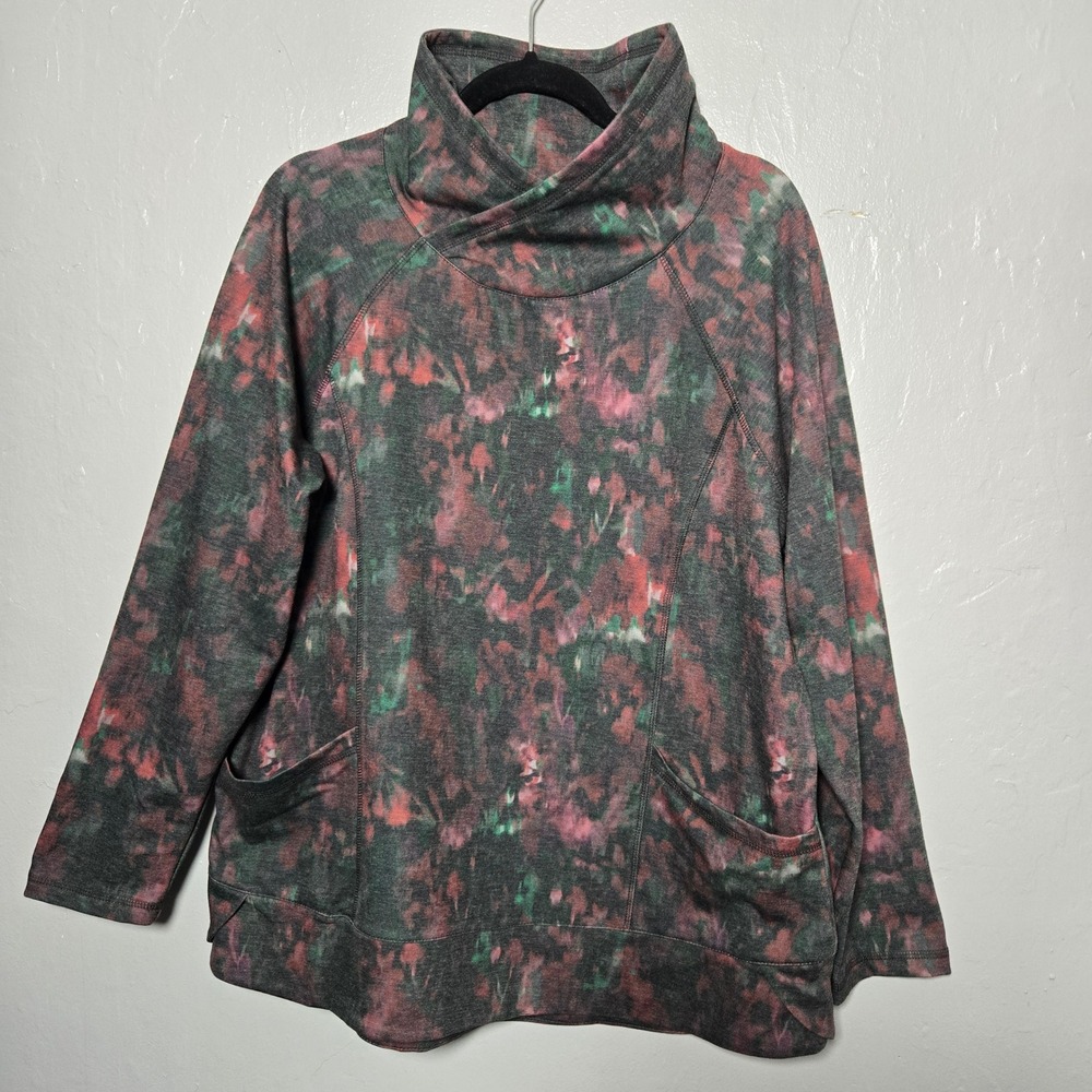 Christopher & Banks Abstract Watercolor Crossover Neck Pullover Pink Green XL